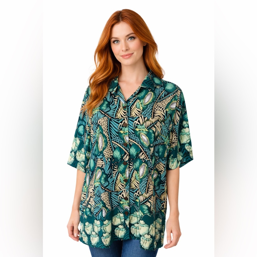 Vintage 90s Hawaiian Tropical Button Up Shirt Green Coconut Island Camp Top